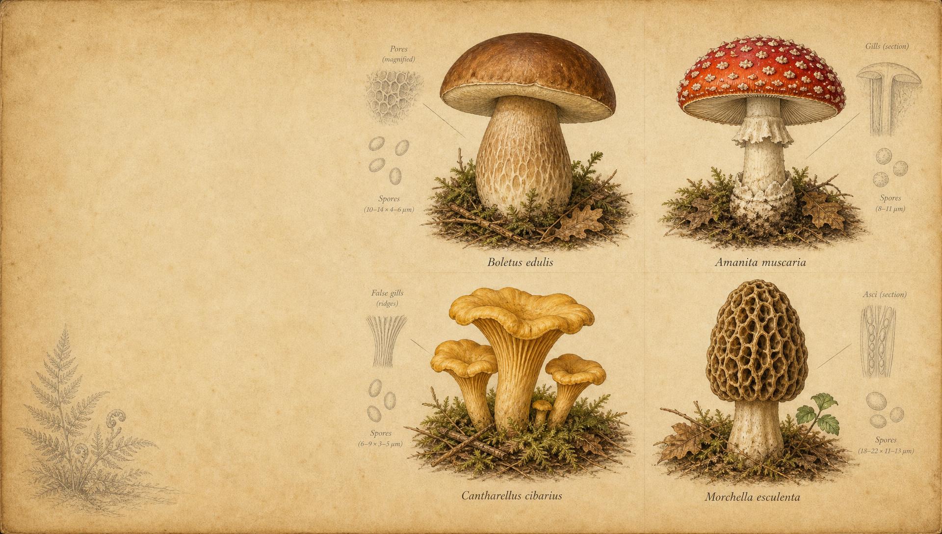 Field guide plate of Boletus edulis, Amanita muscaria, Cantharellus cibarius and Morchella esculenta with spore and gill detail sketches